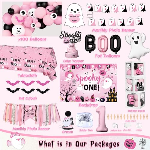 Pink Halloween First Birthday Decorations Kit for Girl | Balloon Garland, Banner & Spooky Party Supplies
