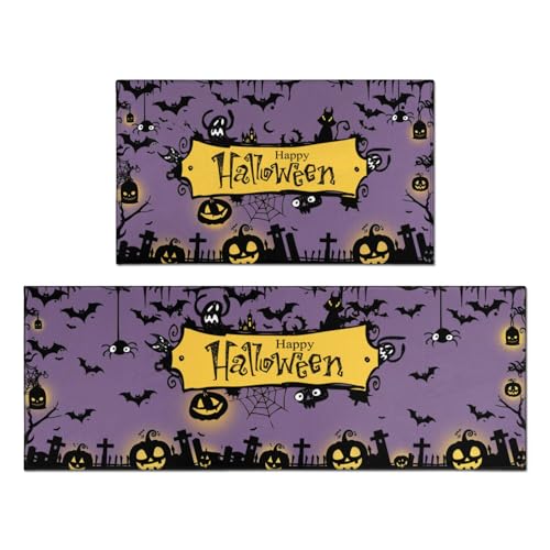 Halloween Kitchen Rugs Set of 2 - Purple Spooky Pumpkin & Black Cat Mat Non-Slip Washable