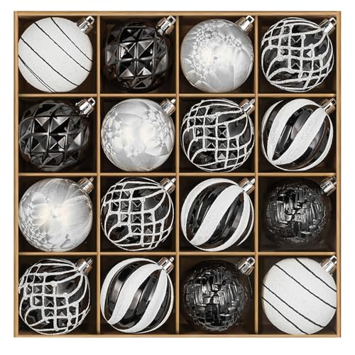 Christmas Ornaments Set - 16 Black & White Shatterproof Balls for Xmas Tree Decoration