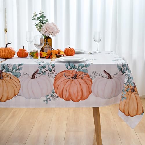 Fall Tablecloth 60x84 Inch Rectangular Pumpkin Buffalo Plaid Outdoor Holiday Cover - Water Resistant