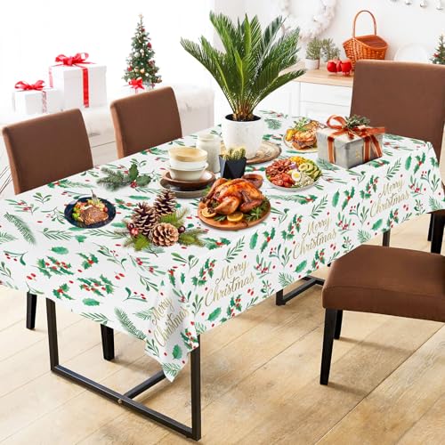 Christmas Disposable Rectangular Tablecloths 3 Pack - Holly Leaves & Red Berries, 54x108 Inch - Holiday Party Decorations