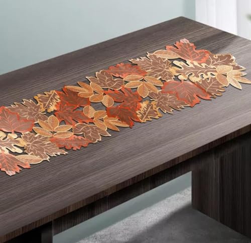 Autumn Fall Embroidered Leaves Table Runner 13x70 Inch for Thanksgiving Halloween Dining Decor