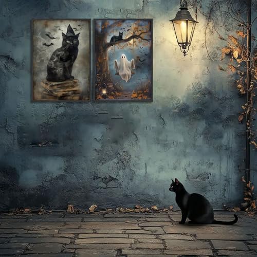 Halloween Wall Art Black Cat Ghost Poster 16x24in Unframed - Dark Academia Decor (Variation of Poster / 24L"x16W")