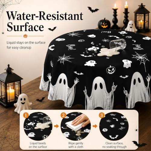 Black Spooky Ghost Halloween Round Tablecloth 60 Inch Washable Microfiber