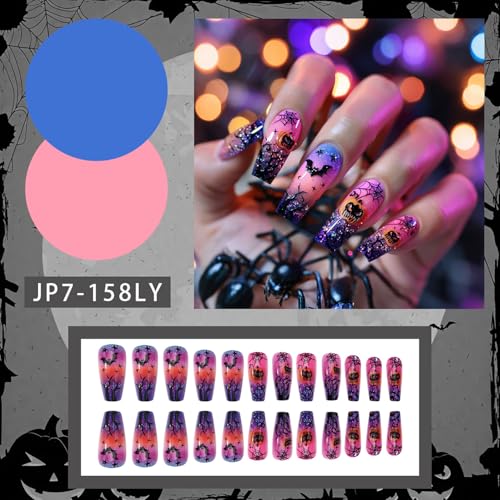 Halloween Press On Nails with Spider Web Pumpkin Bat Pattern - Medium Ballet Shaped 24Pcs