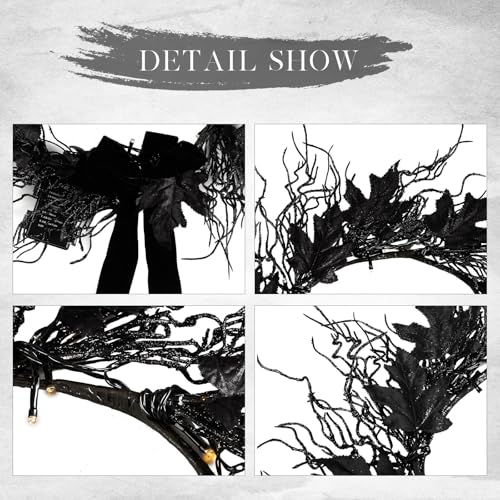 Black 16-Inch LED Halloween Wreath with Battery Timer - Spooky Decor