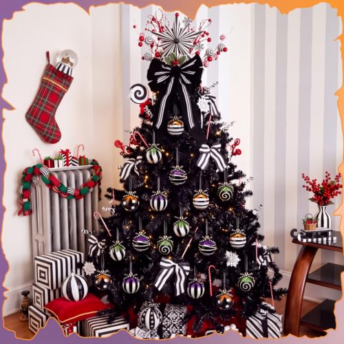 Halloween Black & White Christmas Ball Ornaments Set - 24 Pcs, 2.36 Inch, Spooky Style