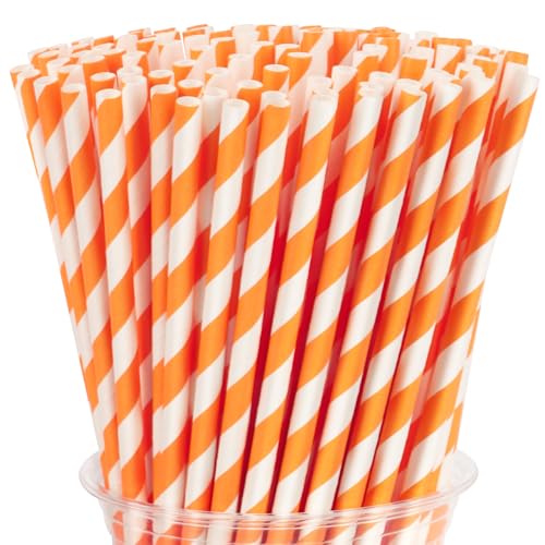 Orange Biodegradable Paper Straws - 200 Pack Striped Disposable Drinking Staws for Parties - Variation: Orange