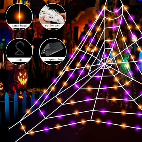 Halloween Spider Web Lights with 50-Inch Plush Spider & Stretch Cobweb - Remote Control, 8 Modes, Waterproof Yard Decor