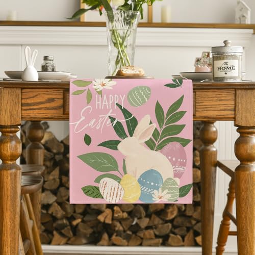 Pink Bunny Eggs Leaves 13x90 Inch Easter Table Runner Seasonal Spring Home Decor