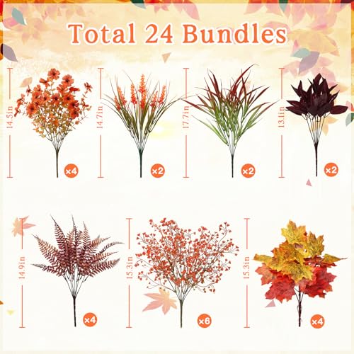 Artificial Fall Flowers Bundle - Fall Orange, UV Resistant Outdoor Decor, 24 Stems