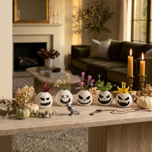 Mini Onigiri Vase Set - 5 Spooky Face Japanese Porcelain Planters, 3 Inch