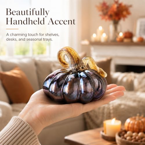 Purple Hand Blown Glass Pumpkin Fall Decor for Thanksgiving & Halloween