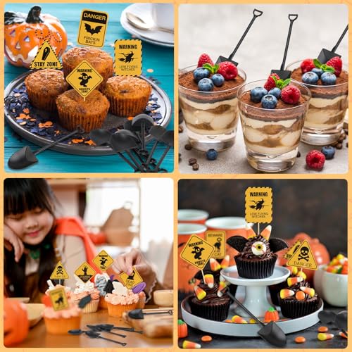 Halloween Cupcake Toppers and Disposable Spoons Set - Zombie Warning Party Decorations