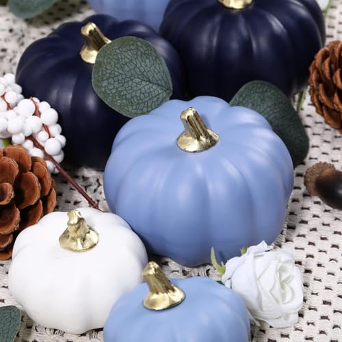 Artificial Fall Pumpkin & Eucalyptus Leaves Decor Set - Blue & White - 56 Pieces