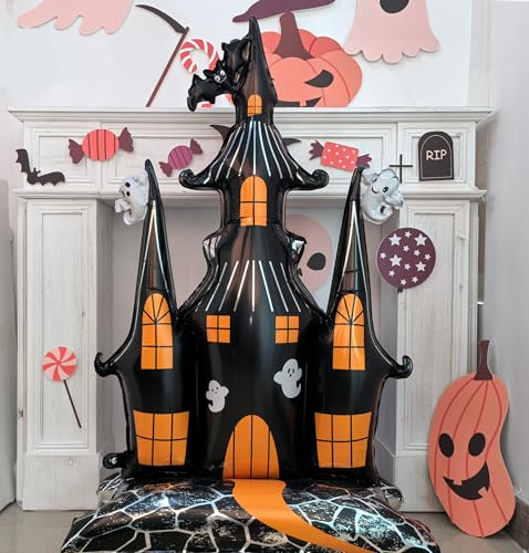 Halloween Standing Foil Balloons Set - Ghost Castle & Spooky Tree, 4ft, Helium-Free, Self-Standing Halloween Decorations with Variation Castle & Tree