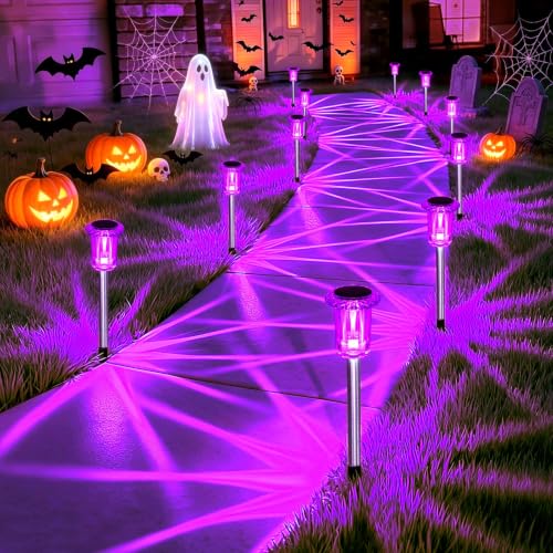 Halloween Solar Pathway Lights 10 Pack - Purple Outdoor LED Ghostly Decor
