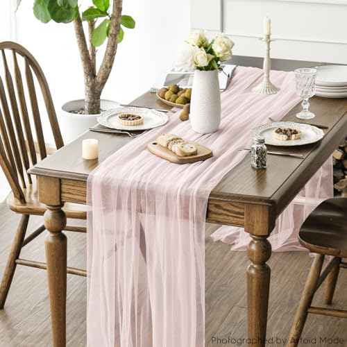 6PCS Blushing Pink Gauze Table Runner Set - 59 x 120 Inch for Holiday & Event Decor