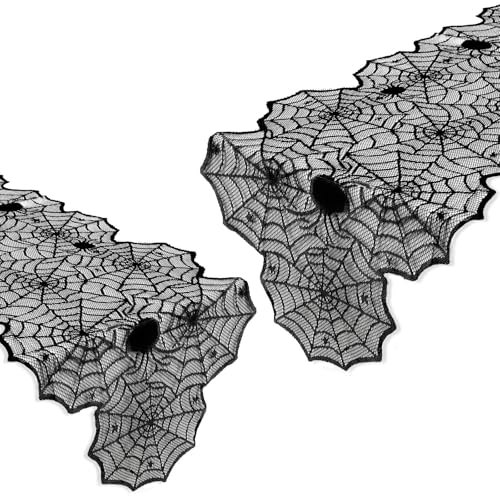 2 PCS Halloween Table Runner with Black Lace Spider Web - 72 Inch, Spooky Holiday Decor