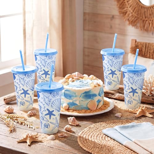 24 oz Coastal Summer Plastic Cups with Lids & Straws - Blue Bow Shells