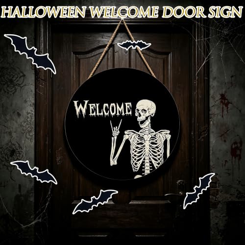Halloween Wooden Skeleton Sign - Front Door Decor, Rock Gesture & Welcome Text - Skeleton Variation