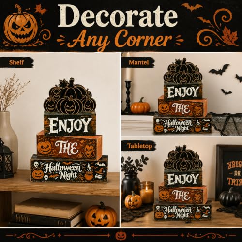 Halloween Wooden Tiered Tray Decor Set with Pumpkin and Spooky Signs