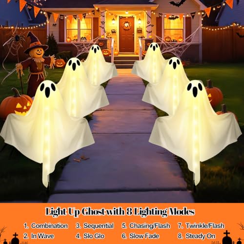 3-Pack Solar Ghost Lights Outdoor - 27.8 Inch Halloween Yard Decor, Light Up Ghost with 8 Modes & Adjustable Arms - Warm White Variation
