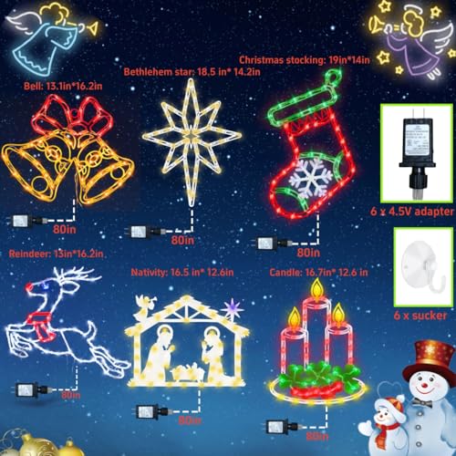16-Inch Christmas Window Silhouette Lights Decorations - Reindeer & Bell & Nativity & Candle & Stocking & Bethlehem Star
