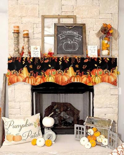 Mantel Scarf 70x17 Inch Fall Pumpkin Thanksgiving Autumn Leaves Fireplace Cover - Orange Red Black Variation