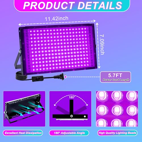 200W Black Light LED Party Lights - 4 Pack, Waterproof, US Plug & Switch