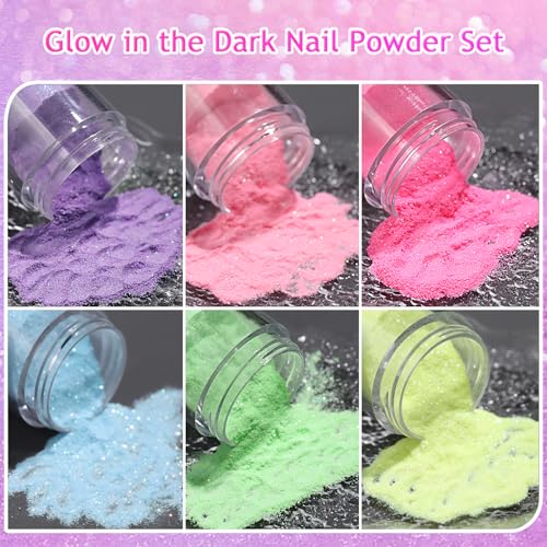 6 Colors Glow in The Dark Nail Powder Set with Glitter & Brush - Sugar Effect