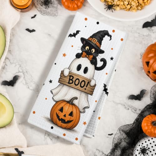 Jztco 2 Pcs Ghost Cat Halloween Kitchen Towels - Multi 1657 Spooky Hand Towels