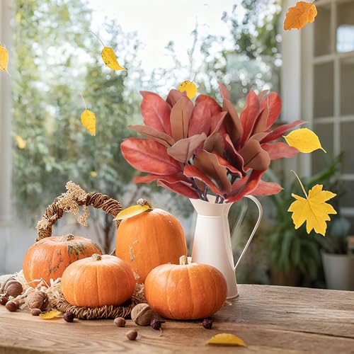 Artificial Magnolia Leaves Stems - Burgundy Fall Branches for Home Decor, Weddings & Events - 4 Pieces with Red Variation