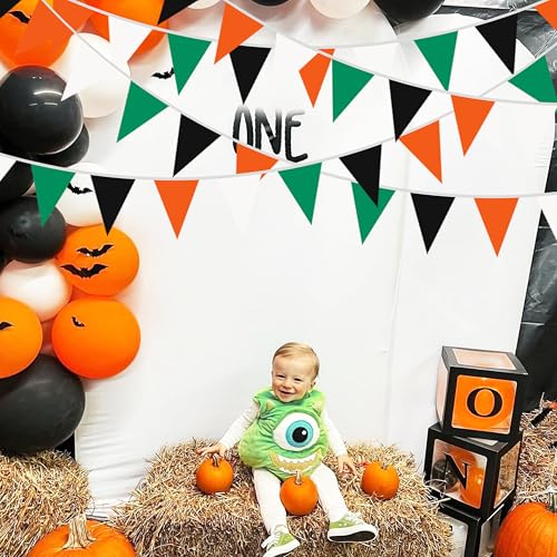 Fabric Bunting Banner for Parties and Events - 40Ft Green Black Orange White Triangle Flags