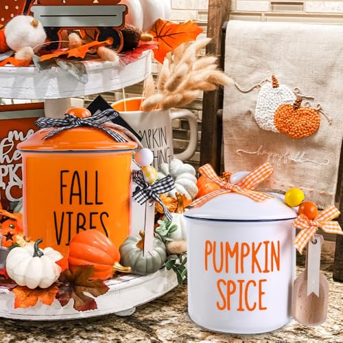 Fall Ceramic Canisters Set - Thanksgiving Candy Holders with Wooden Tags