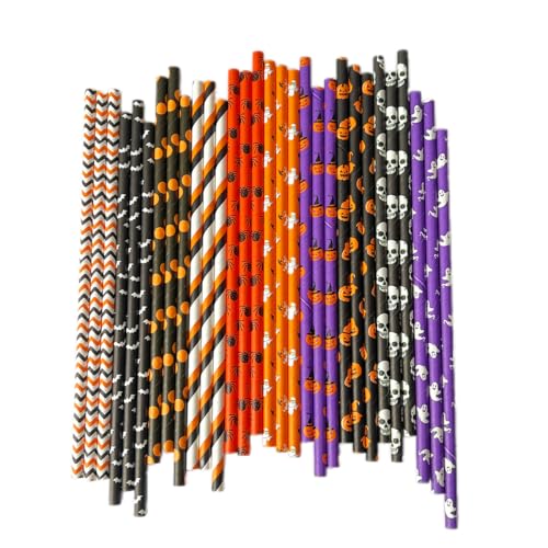 Halloween Paper Straws Set of 200 - Biodegradable Ghost, Skull, Pumpkin, Bat Styles