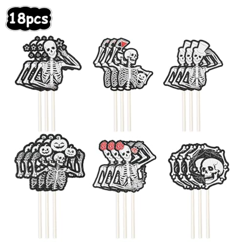 Black Skull Cupcake Toppers - 18 Pieces Gothic Skeleton Picks for Halloween & Wedding Decor - Variation: Black Skull
