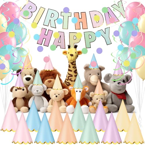 Pastel Party Hats Set for Birthdays & Celebrations - 67 Pcs with Banners Balloons & Flags