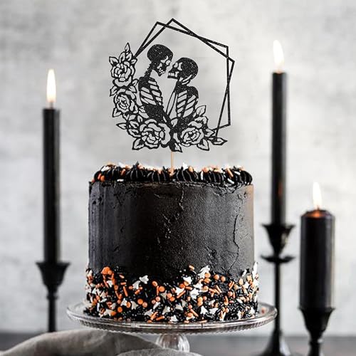 Halloween Skull Wedding Cake Topper with Floral Frame - Gothic Celebration Decoration