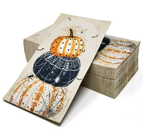 Halloween Guest Napkins Set - 100 Assorted Pumpkin, Bat & Web Designs, Disposable Party Tableware