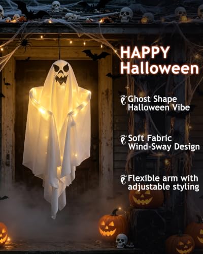 Halloween Hanging Ghost Decorations with String Lights - 3 Pack, 27.6 Inch Outdoor Yard Decor