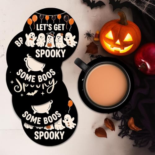Halloween Coasters Set of 6 Ceramic Ghost Pumpkin Drink Protectors with Holder