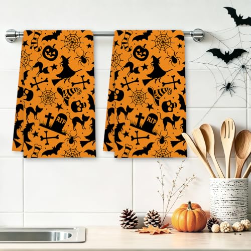 Halloween Kitchen Towels Set - Silhouette Orange Dish Hand Towels, 2 Pieces, Variation Towel28