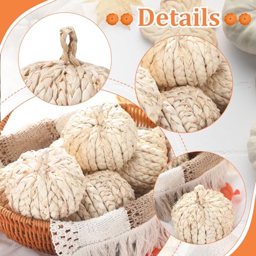 Fall Woven Rattan Pumpkin Decor Set - Handcrafted Corn Husk Craft, 4 Inch