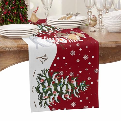 Christmas Table Runner Cotton Linen 13 x 90 Inches Snowman Rustic Red Snowflake