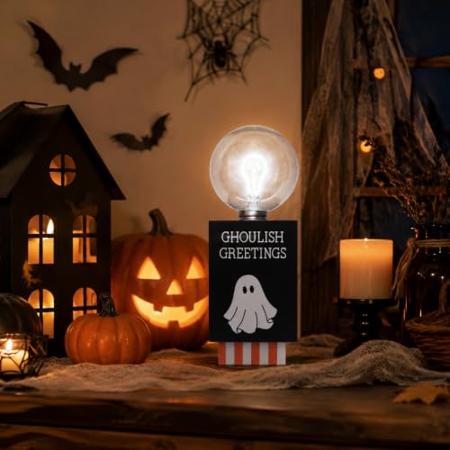 Halloween Indoor Light Up Ghost Sign - Black Halloween Desk Decor with Warm Globe Light