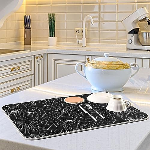 Halloween Spooky Spider Web Dish Drying Mat 16x18 Inch Microfiber Absorbent Reversible Kitchen Decor - Halloween