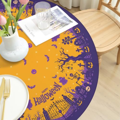 Halloween Haunted House Round Fitted Tablecloth 40-44 Inch - Purple Orange Gothic Pumpkin Bat Waterproof Washable Elastic Edge