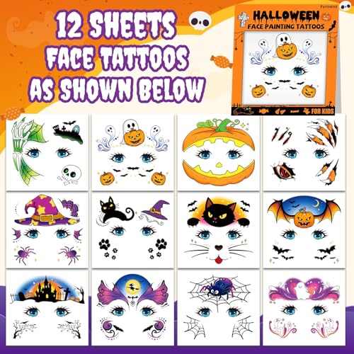 Kids Halloween Temporary Face Tattoos Set with Pumpkins Ghosts and Witches
