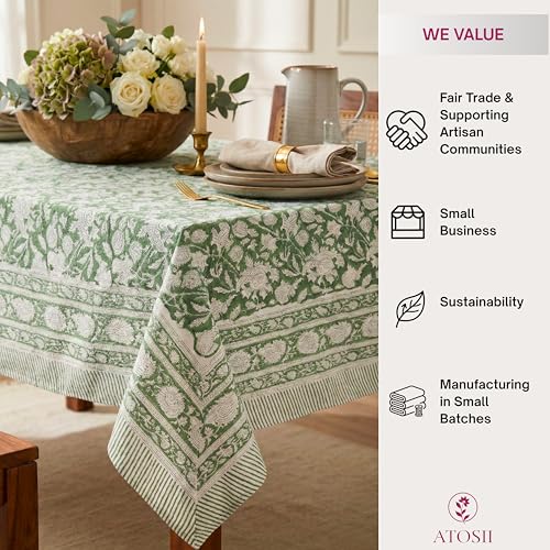 Cotton Blockprint Rectangle Tablecloth - Meraki Green 108x60 Inches - Handmade, Fair Trade